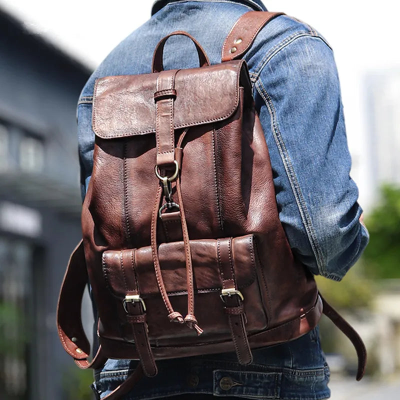 Retro leather rucksack with drawstring closure