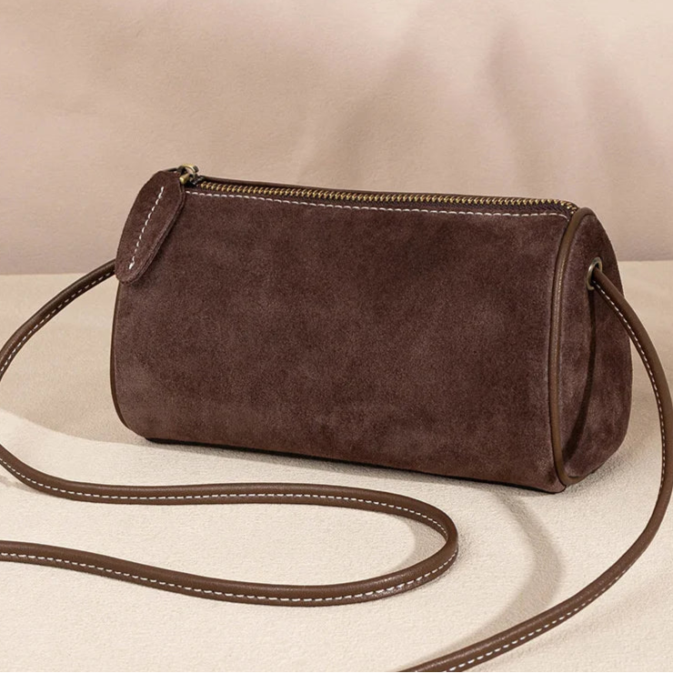 Rectangular suede purse with shoulder straps