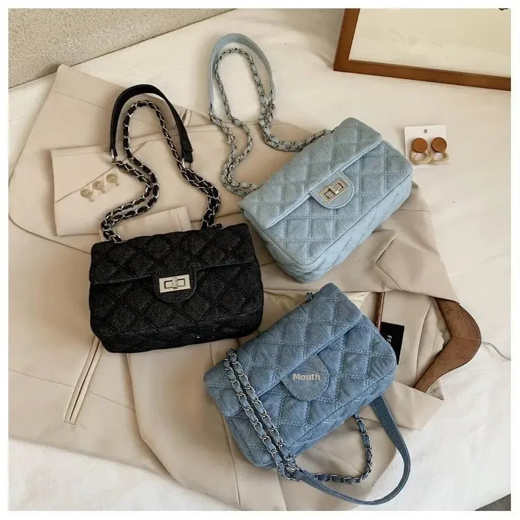 Compact flap denim handbag