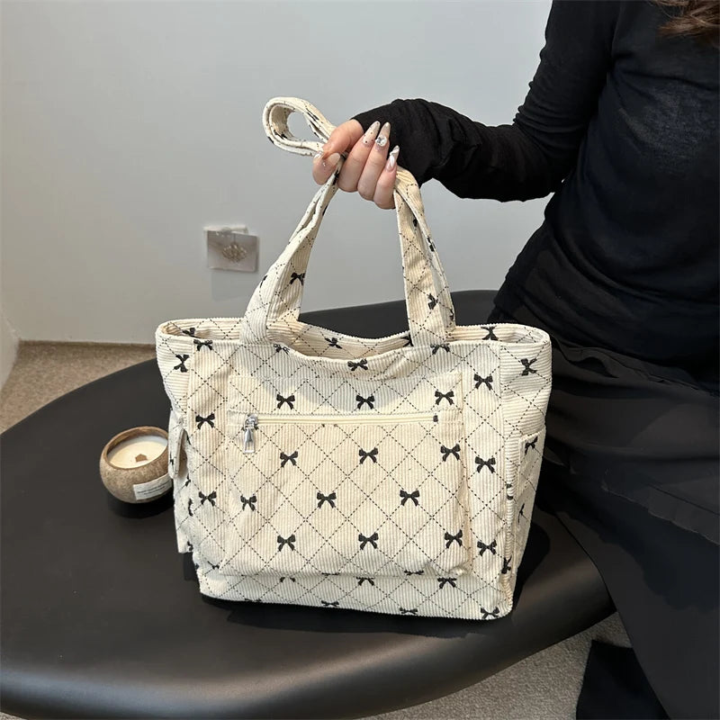 Bow pattern corduroy tote bag for women