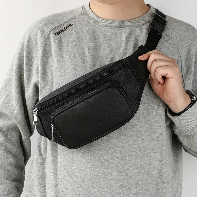 Large capacity leather bum bag for men