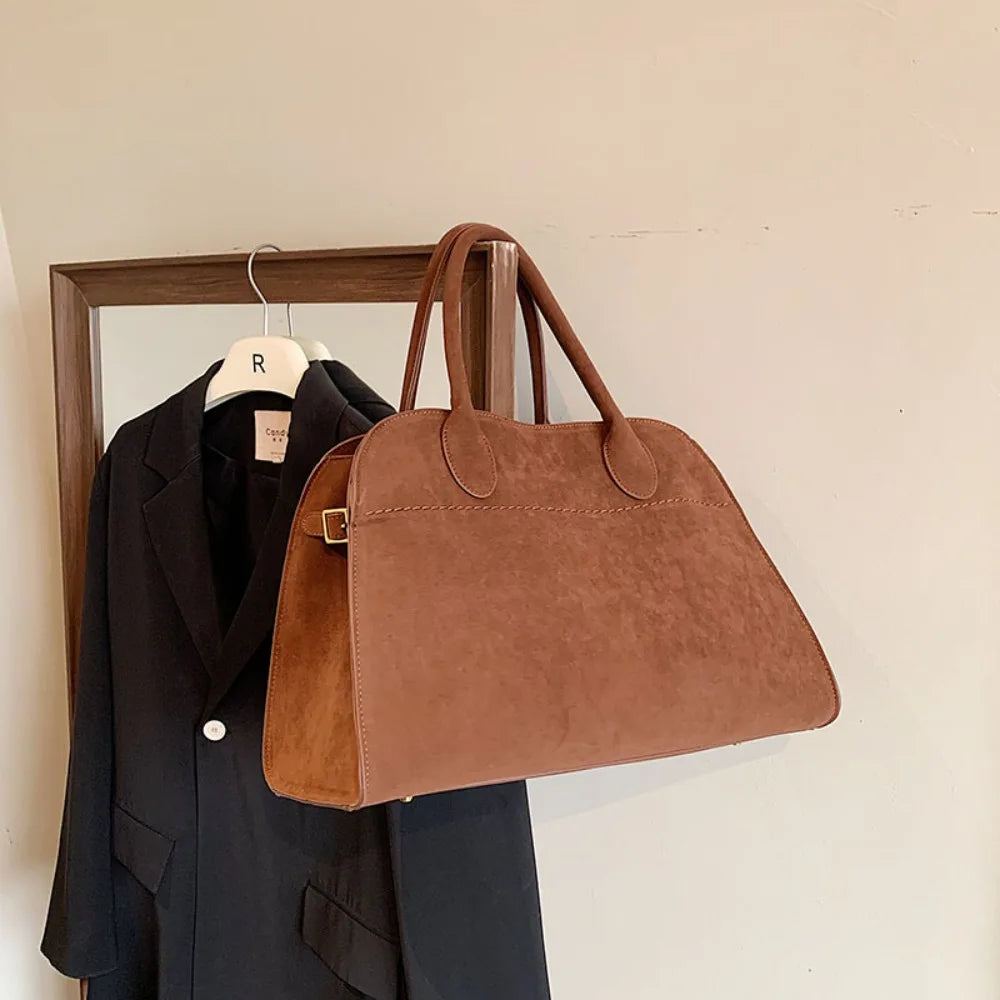 Suede handbag with double handle