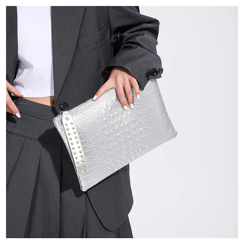 Crocodile texture leather clutch bag
