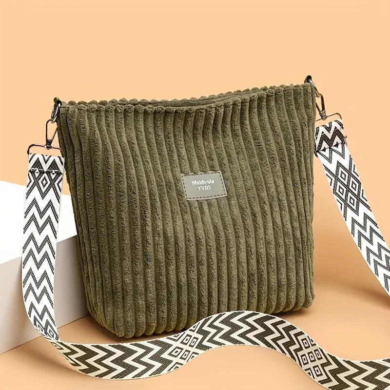 Large capacity corduroy shoulder handbag