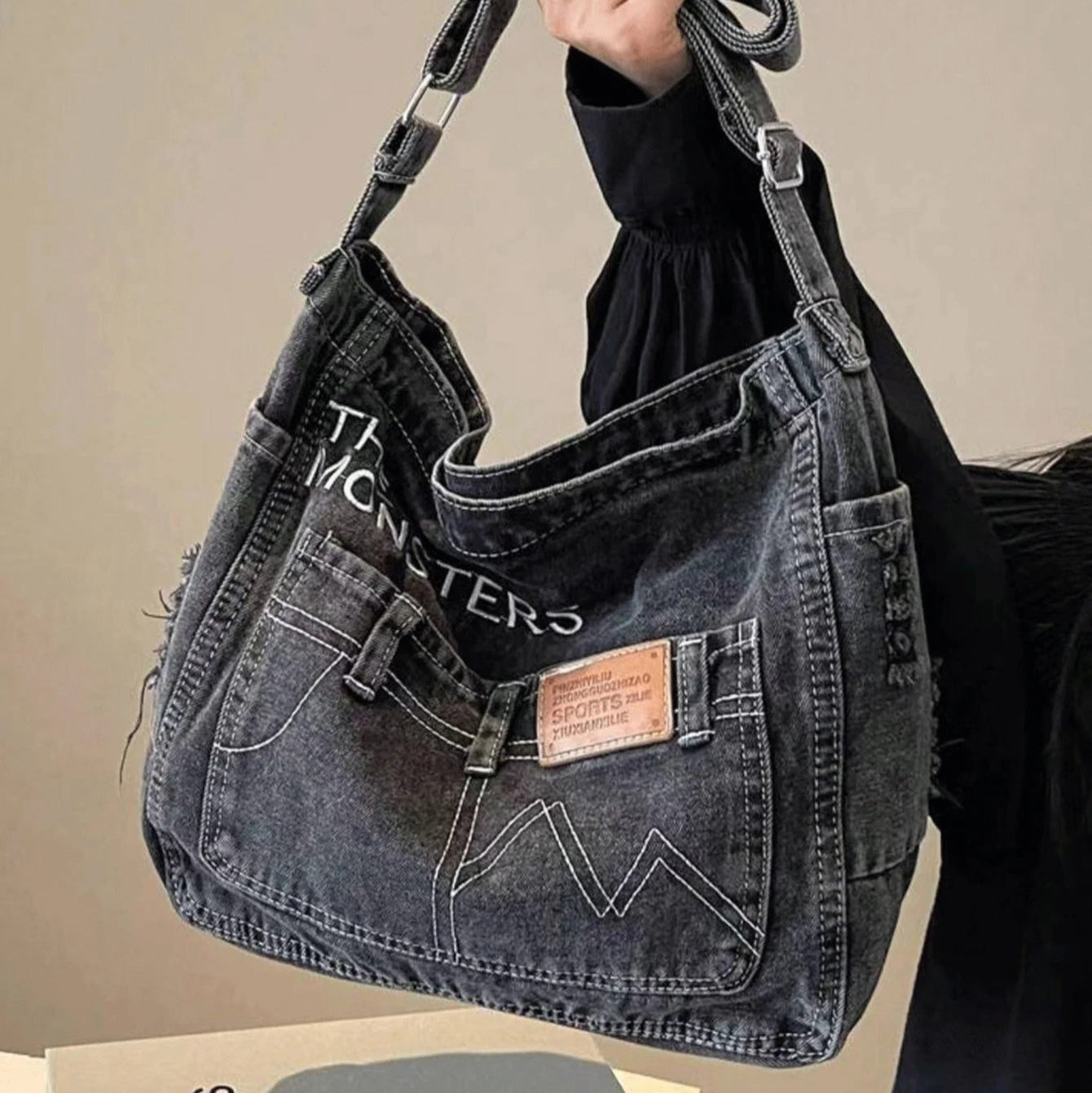 Distressed denim tote bag