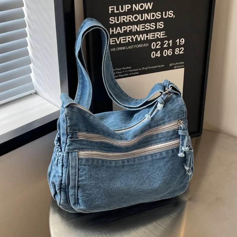 Multi-pockets denim shoulder bag for women