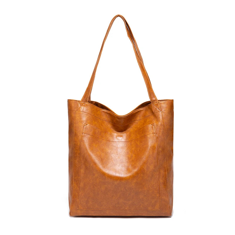 Large capacity leather tote bag with pocket