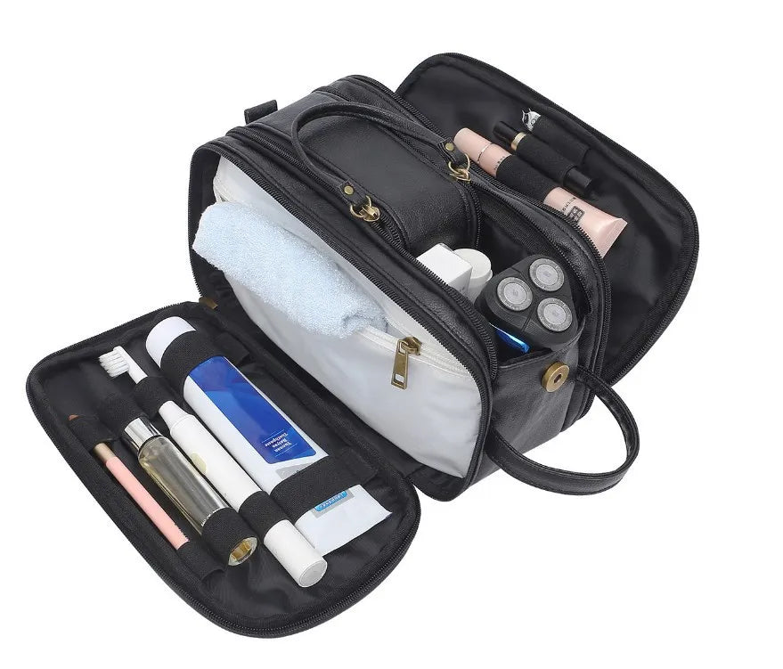 Fold-out leather travel toiletry bag