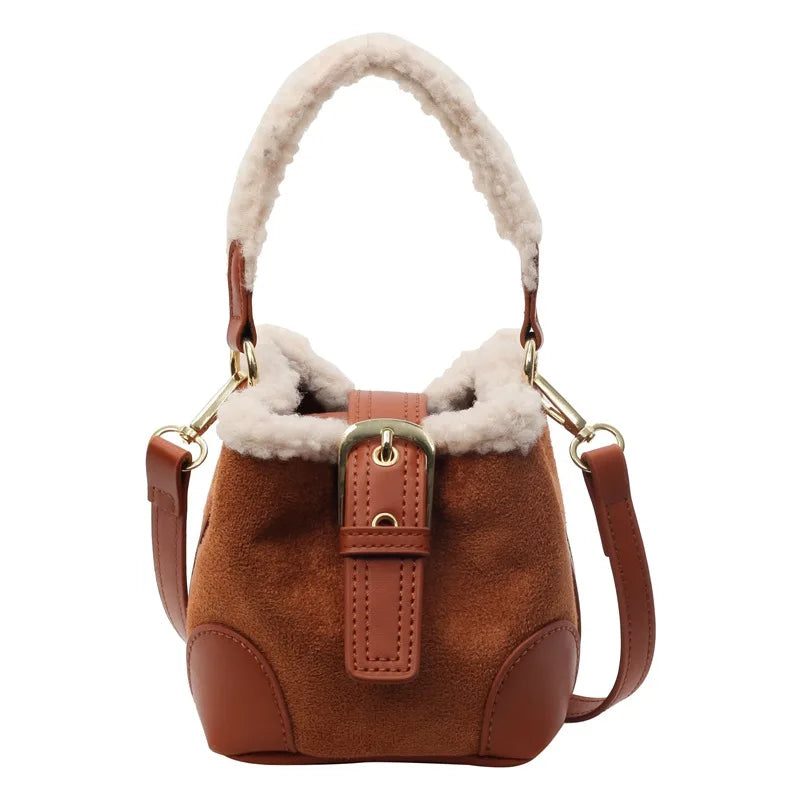 Mini square suede handbag with fake fur