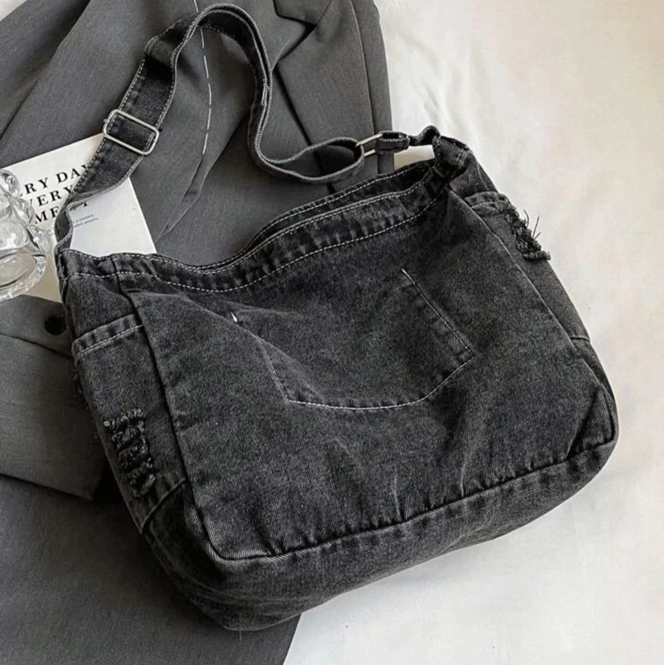 Distressed denim tote bag