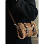Suede shoulder handbag with fake fur