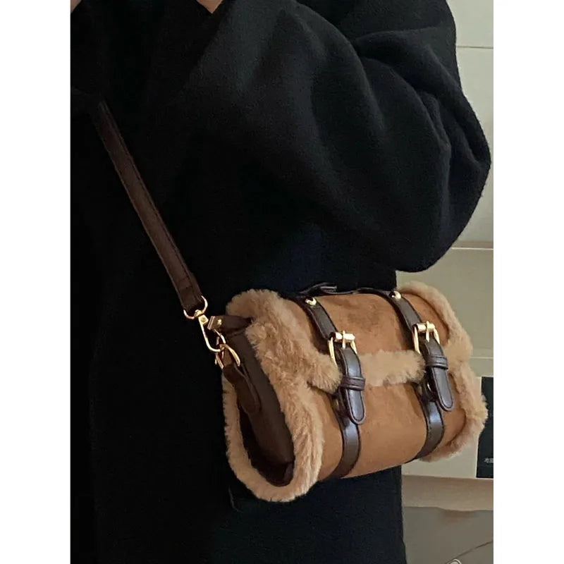 Suede shoulder handbag with fake fur