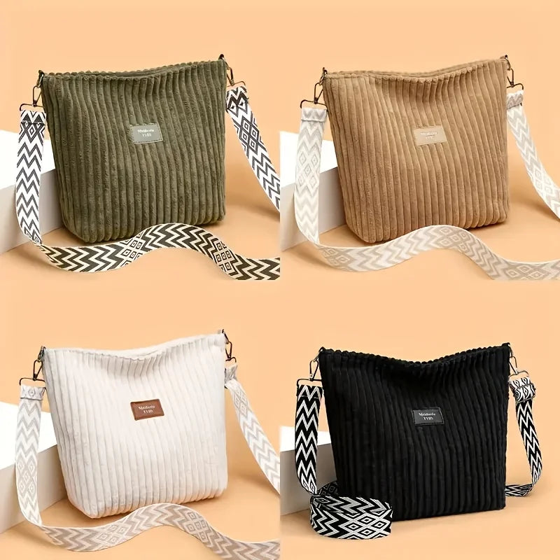 Large capacity corduroy shoulder handbag