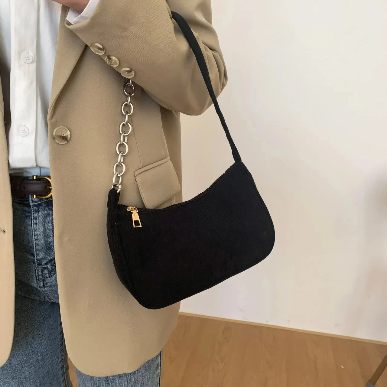 Soft corduroy handbag with single strap