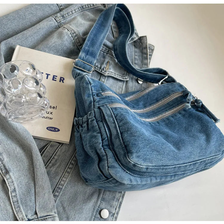 Multi-pockets denim shoulder bag for women