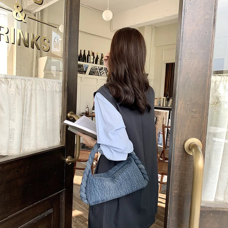 Classic blue denim purse with top handle
