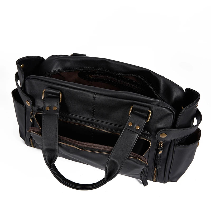 Rugged leather duffle bag with side pockets