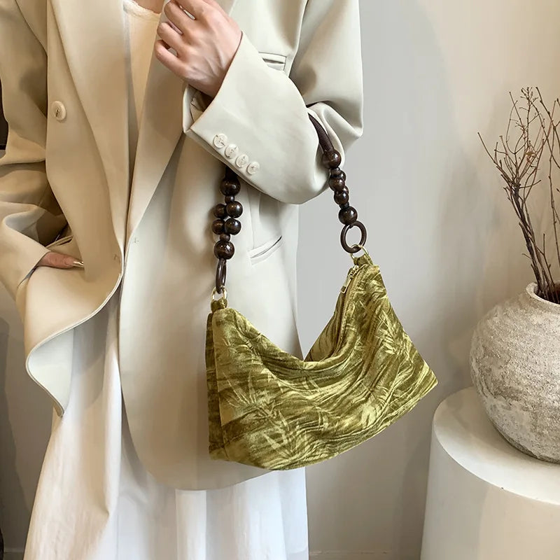 Corduroy handbag with wooden bead handle
