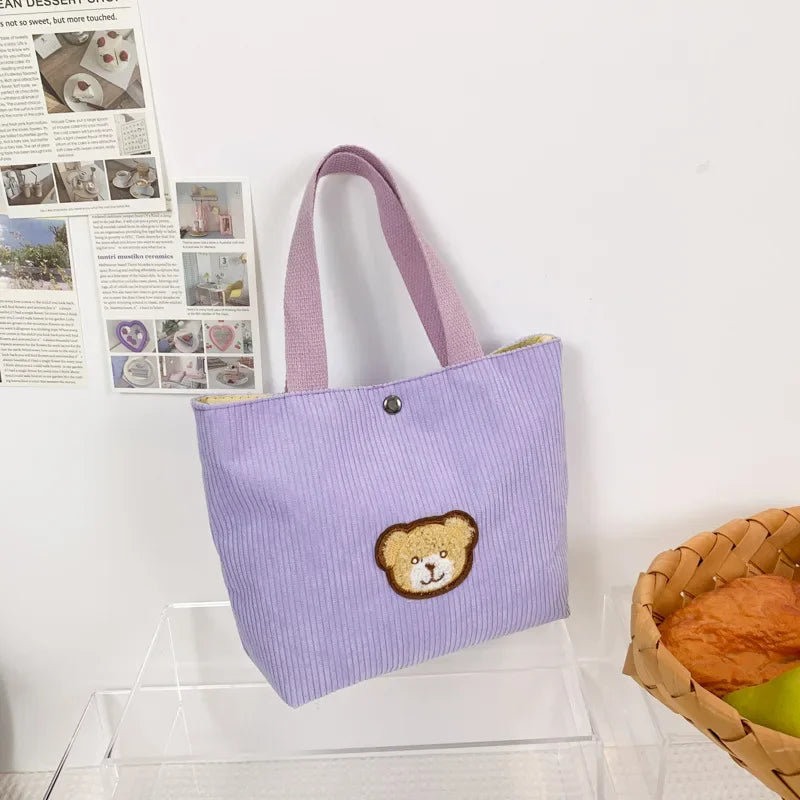 Women’s corduroy shoulder tote bag with front patch