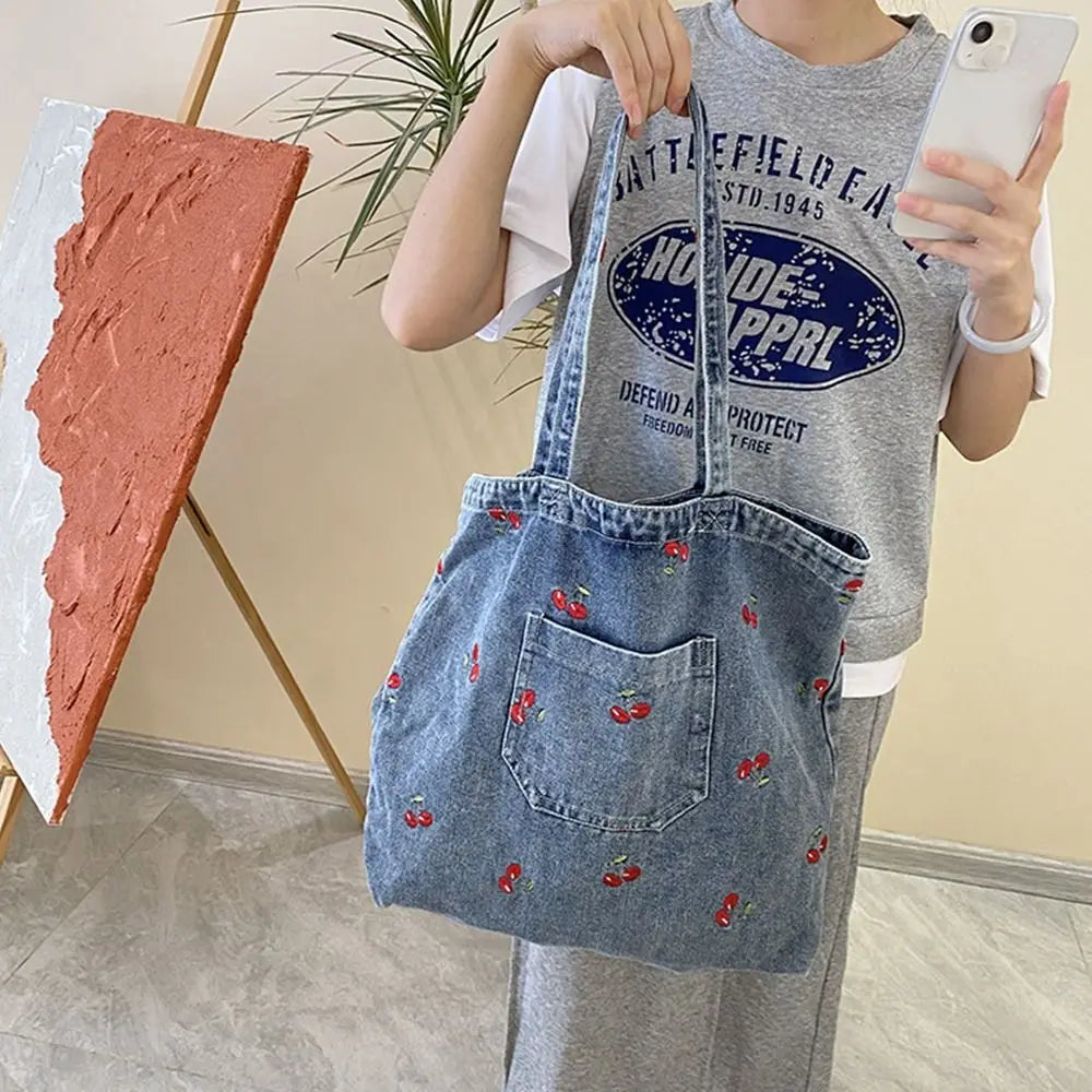 Denim tote bag with embroidery