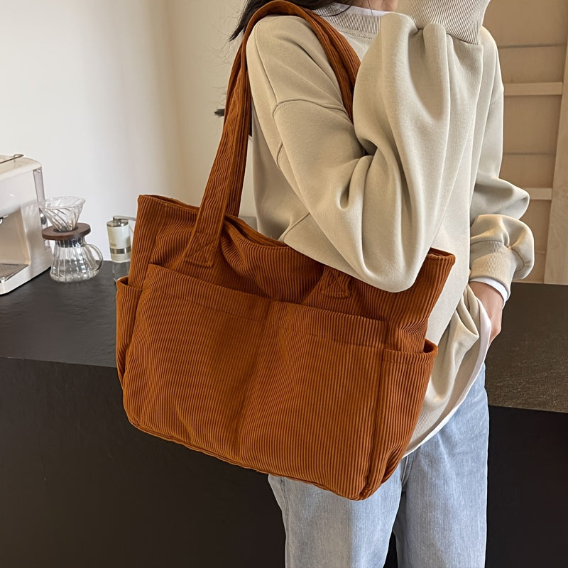 Large corduroy shoulder tote bag with multiple pockets