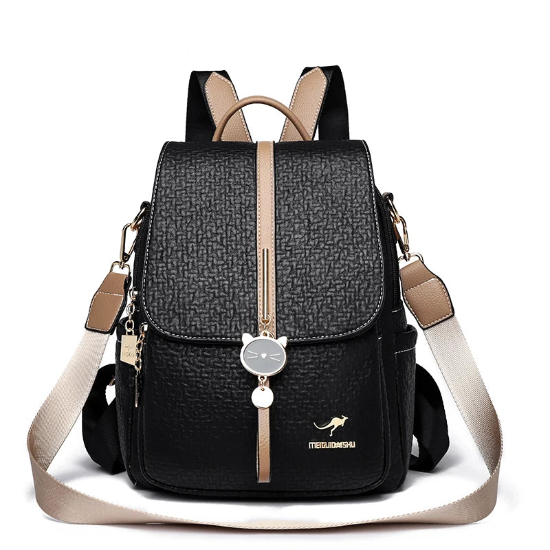 Amblot Beige and black Contrast-strap leather backpack