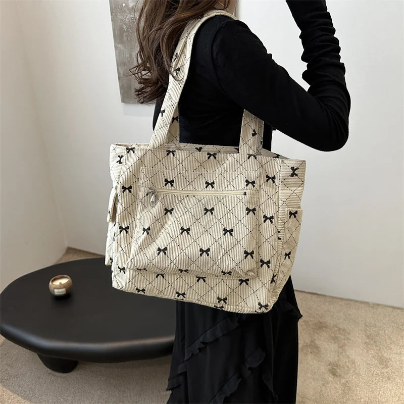 Amblot Beige Bow pattern corduroy tote bag for women