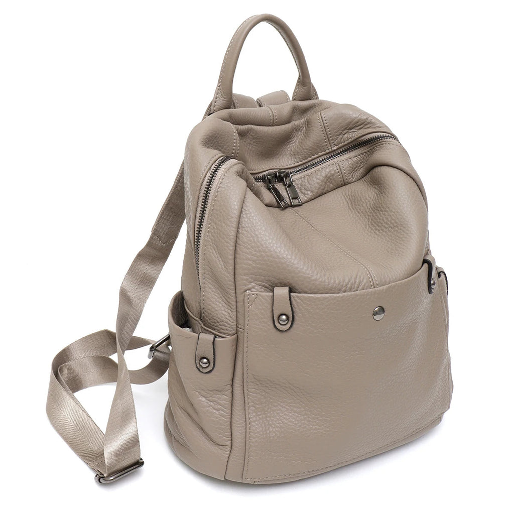 Amblot Beige Chic leather backpack with front zipper