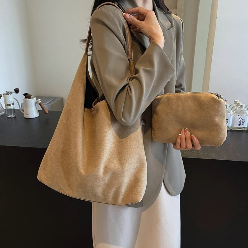 Amblot Beige Chic suede slouch shoulder bag