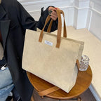 Amblot Beige Elegant corduroy tote bag with leather handles