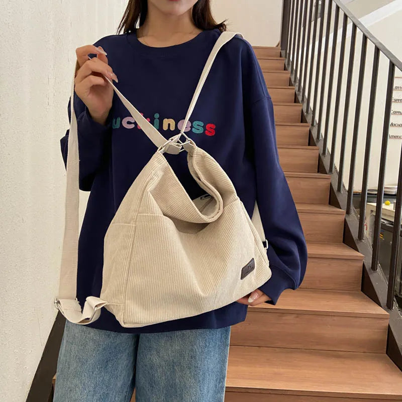 Amblot Beige Simple corduroy tote bag with long straps