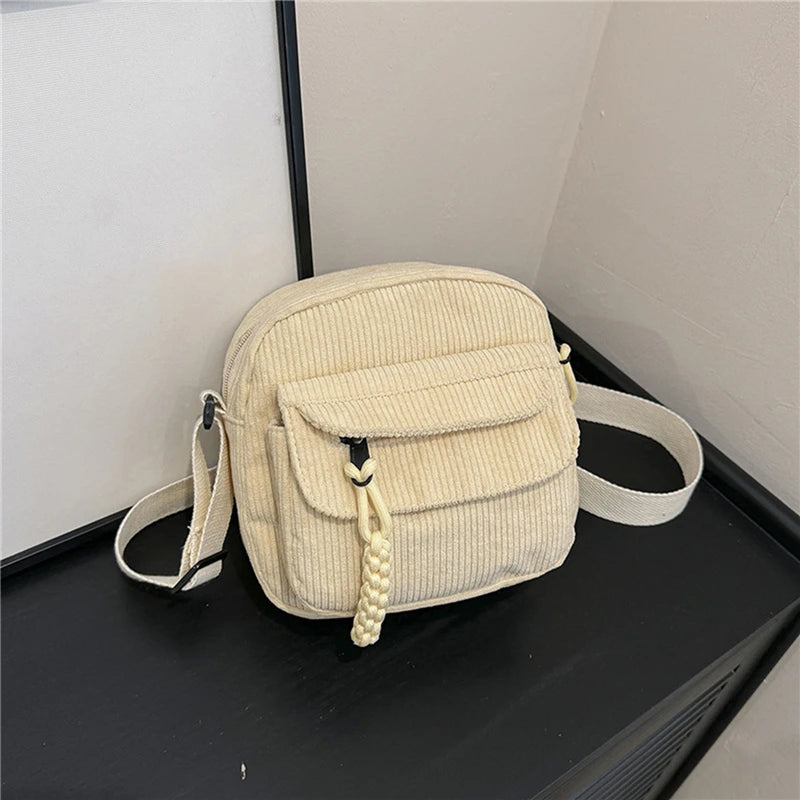 Amblot Beige Small corduroy handbag with front zipper pocket