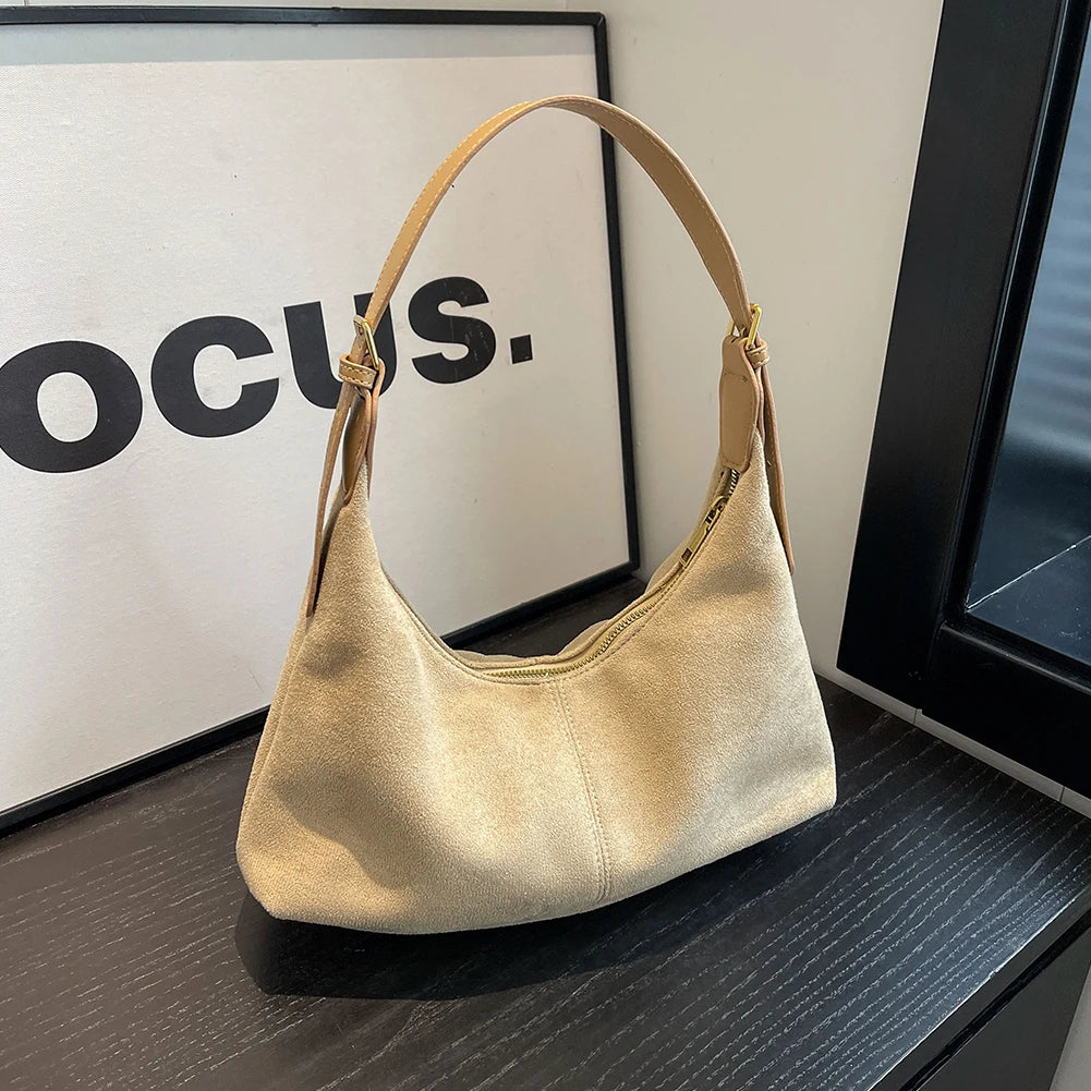 Amblot Beige Vintage suede hobo shoulder handbag