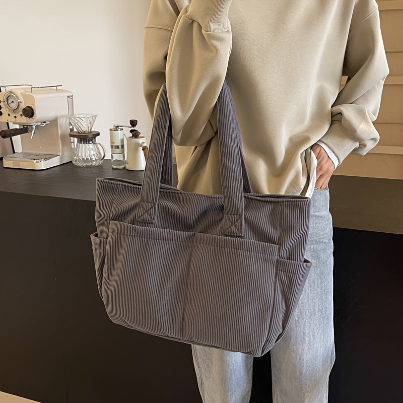 Large corduroy shoulder tote bag with multiple pockets