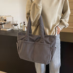 Large corduroy shoulder tote bag with multiple pockets
