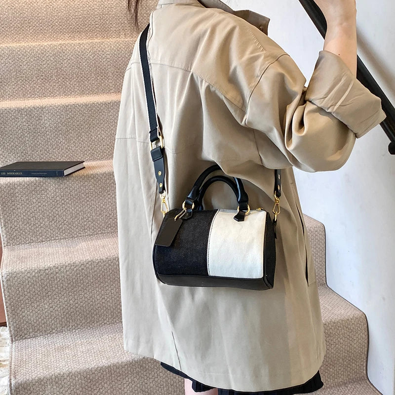 Amblot Black and White Retro large strap denim shoulder handbag