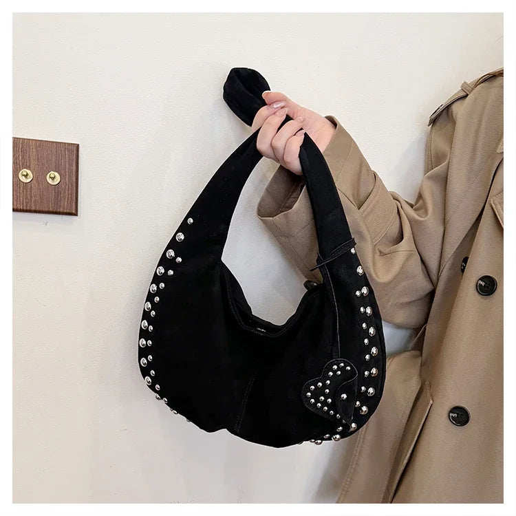 Amblot Black Chic suede shoulder bag with decorative strass