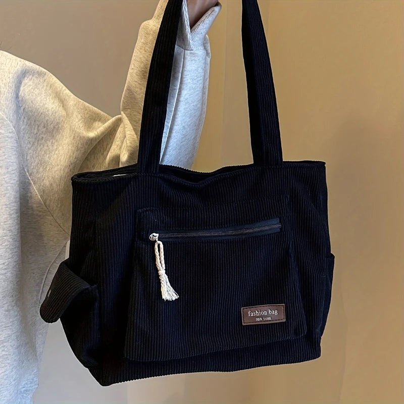 Amblot Black Classic corduroy tote bag with external pockets