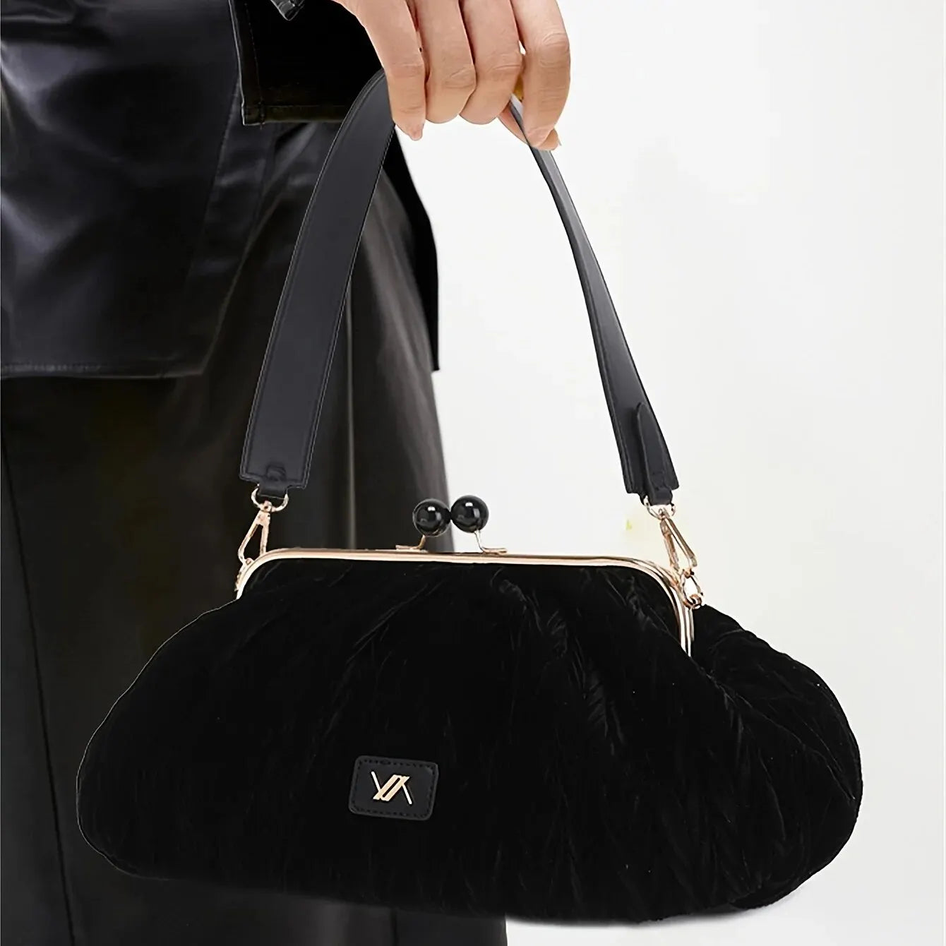 Amblot Black Corduroy handbag with vintage clasp design