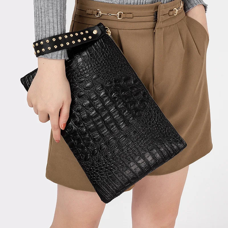 Amblot Black Crocodile texture leather clutch bag