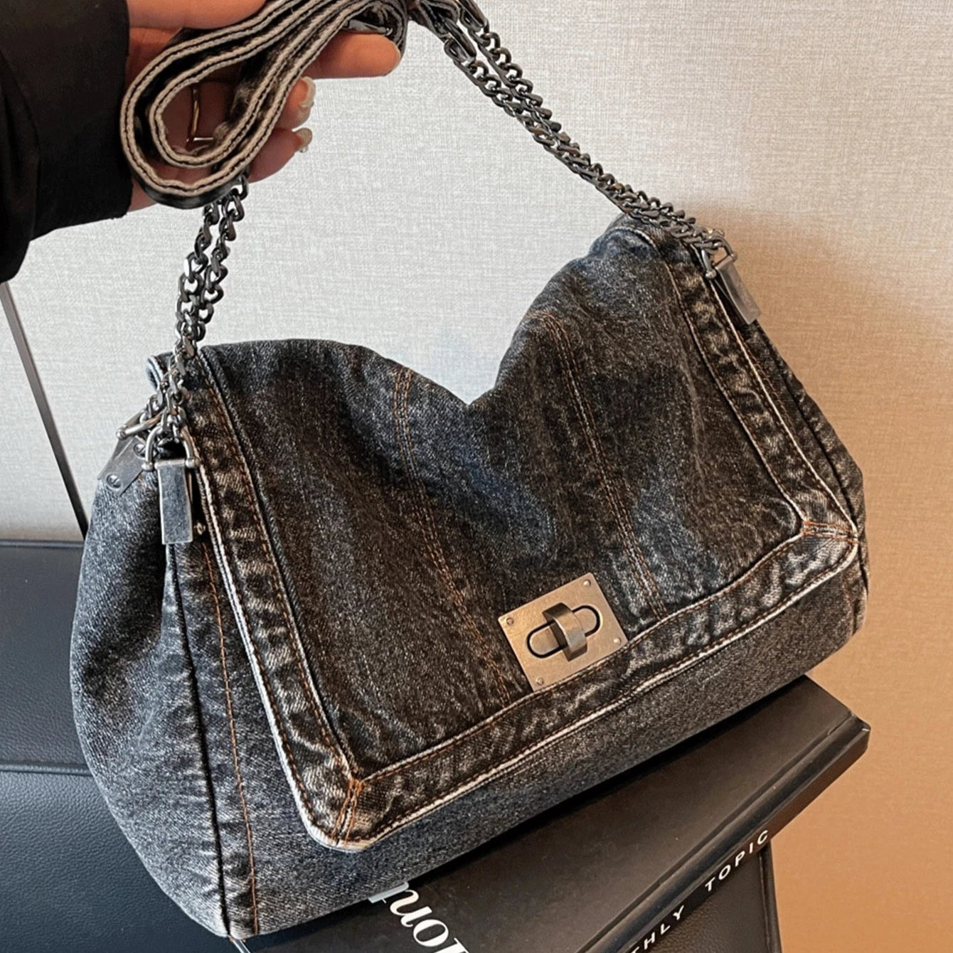 Amblot Black Denim hobo handbag