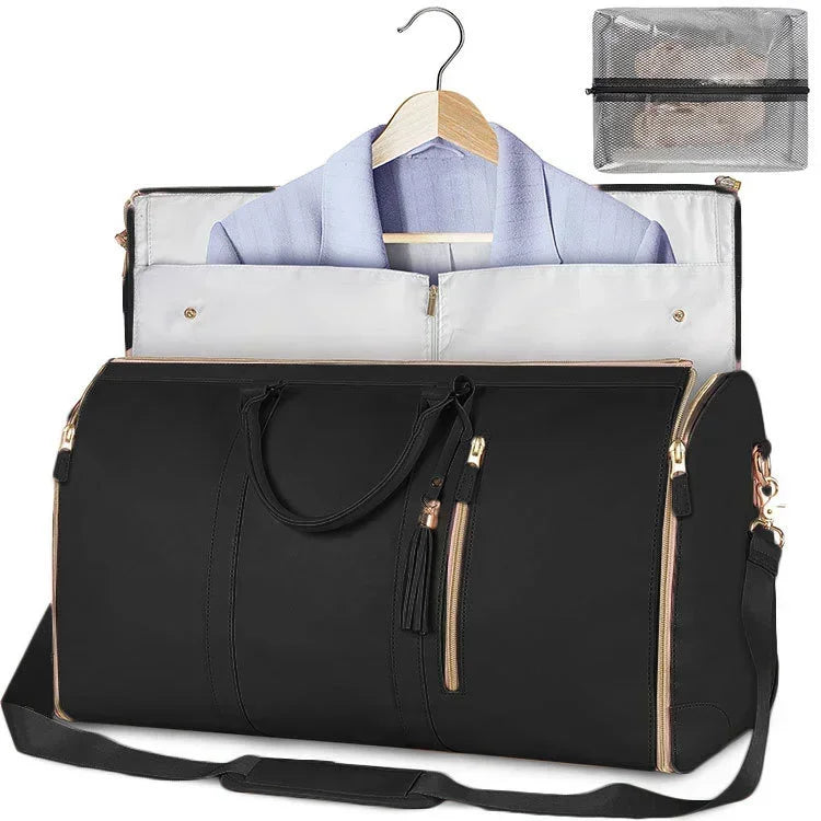 Amblot Black Foldable women's travel leather duffle bag