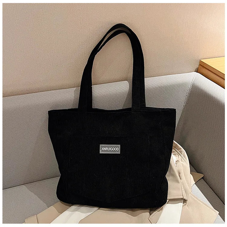 Amblot Black Ladies’ corduroy tote bag for casual wear