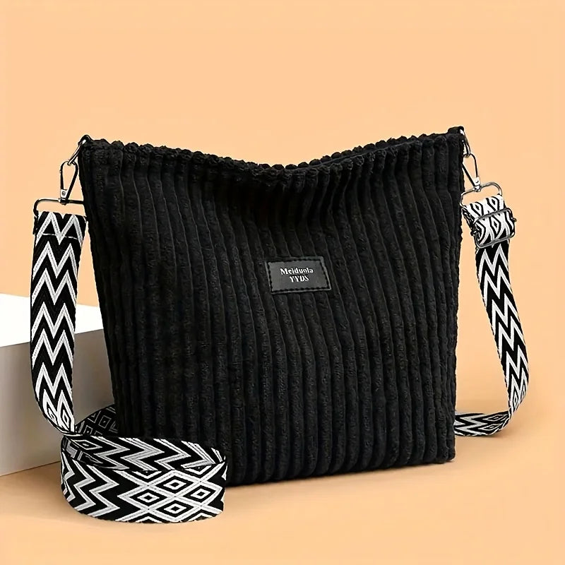 Amblot Black Large capacity corduroy shoulder handbag