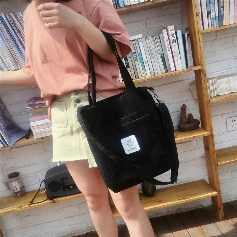 Amblot Black Large capacity corduroy zipped tote bag with external pocket