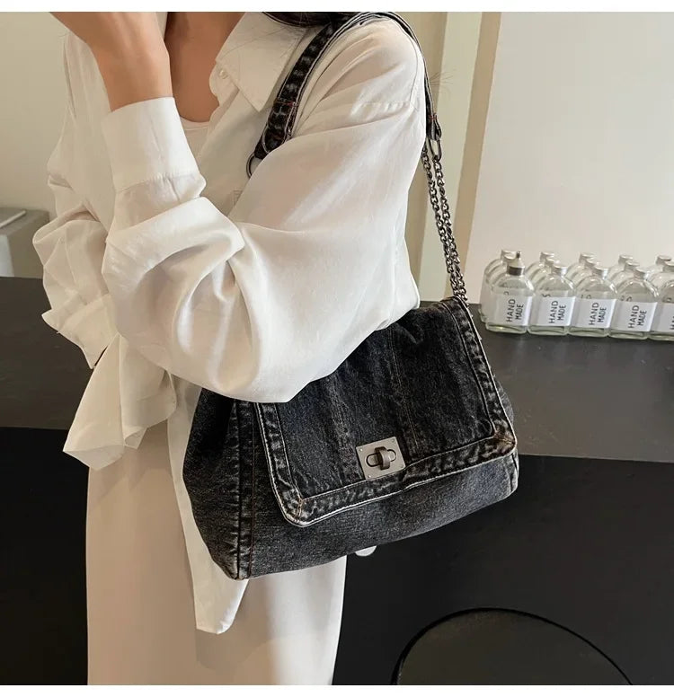 Amblot Black Large capacity denim handbag