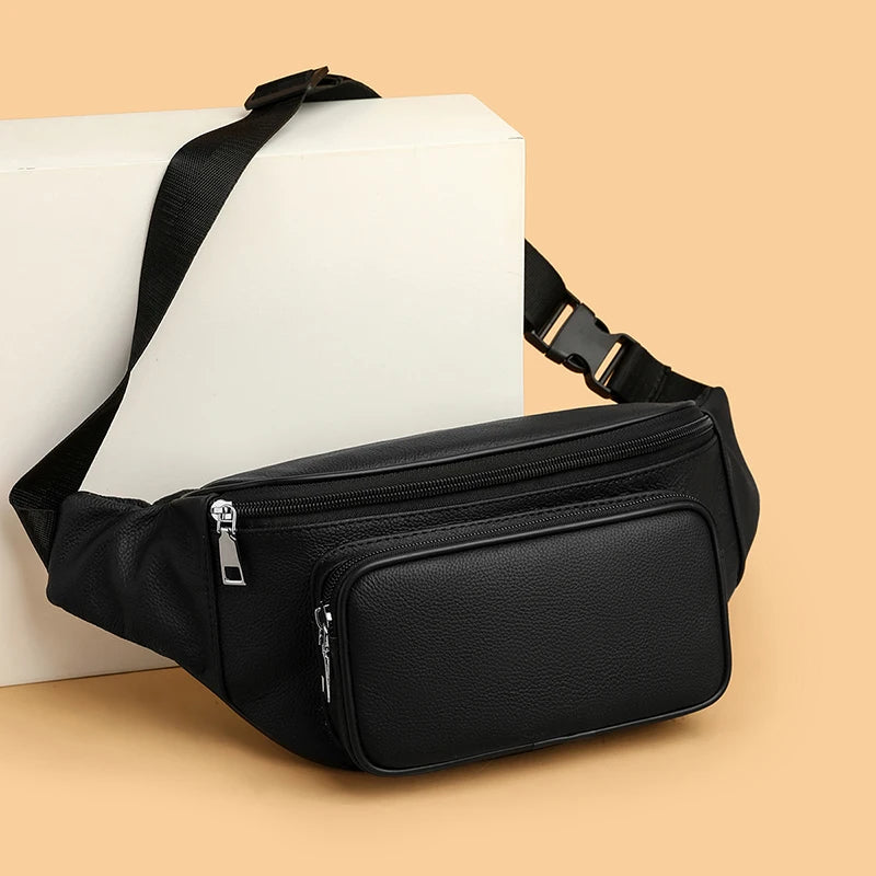 Amblot Black Large capacity leather bum bag for men