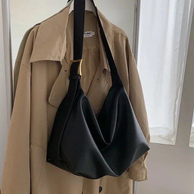 Amblot Black Large capacity leather hobo tote bag
