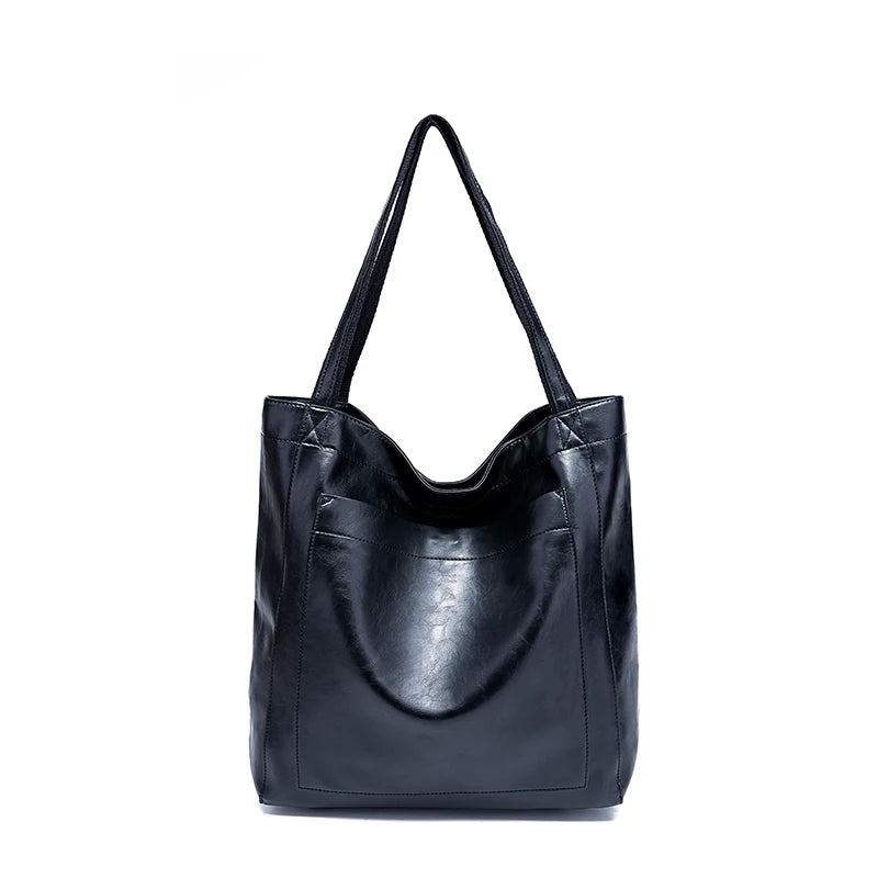 Amblot Black Large capacity leather tote bag with pocket