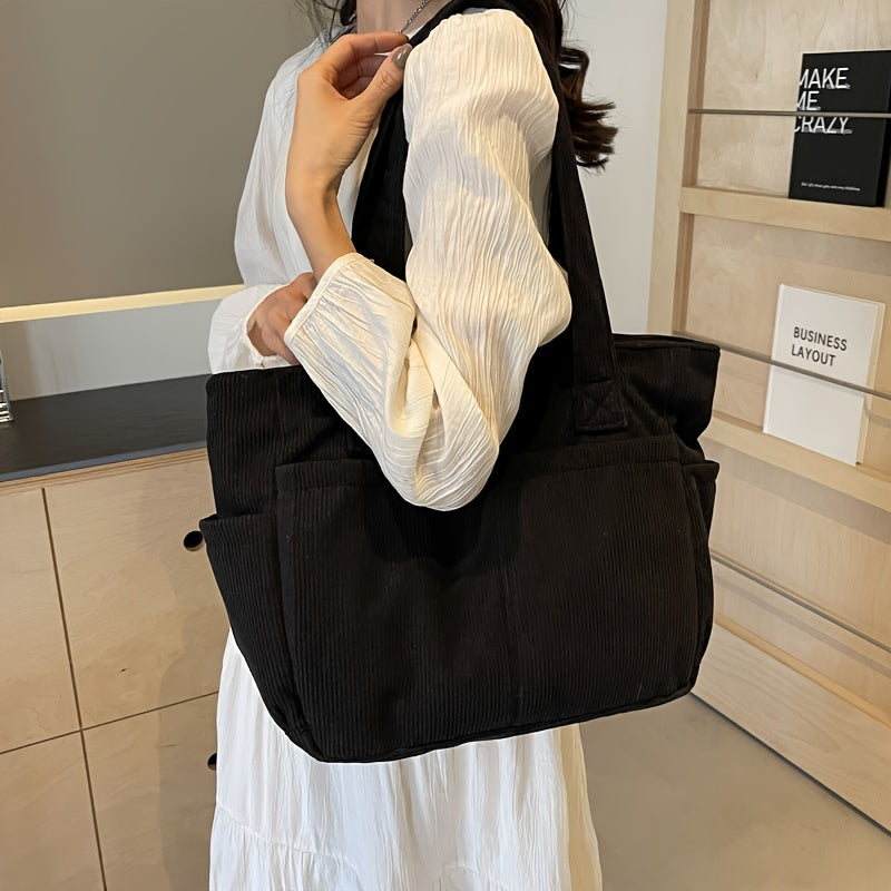 Amblot Black Large corduroy shoulder tote bag with multiple pockets